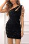 elegant slight stretch solid one shoulder sequin chain decor slim mini dress_Black