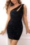 elegance extra small inelastic sequin chain decor one shoulder hollow mini dress_Black