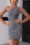 elegance extra small inelastic sequin chain decor one shoulder hollow mini dress_Black_White_Gray