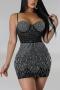 sexy plus-size slight stretch rhinestone sling tight mini dress_Black