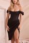 sexy non-stretch with boned satin slit midi dress_Black