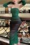 sexy slight stretch mesh gradient shirring midi dress(with gloves, no neck ring)_Rose Red_Yellow_Orange_Dark Green
