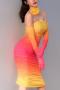 sexy slight stretch mesh gradient shirring midi dress(with gloves, no neck ring)_Rose Red_Yellow_Orange