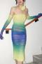 sexy slight stretch mesh gradient shirring midi dress(with gloves, no neck ring)_Rose Red_Yellow