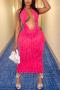 sexy plus size slight stretch solid color halter-neck slim midi dress_Black_White_Pink_Magenta