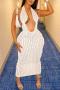 sexy plus size slight stretch solid color halter-neck slim midi dress_Black_White