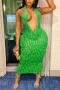 sexy plus size slight stretch solid color halter-neck slim midi dress_Black_White_Pink_Magenta_Green