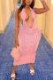 sexy plus size slight stretch solid color halter-neck slim midi dress_Black_White_Pink