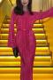 sexy slight stretch solid color crew neck with belt midi dress_Black_Magenta