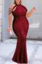 sexy plus size slight stretch sequin decor crew neck maxi dress_Black_Pink_Red