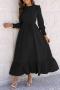 casual non-stretch solid color 9-colors belt long-sleeved maxi dress_Black