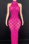 slight stretch rhinestone mesh crew neck sleeveless maxi dress new add colors_Black_Pink_Red_Magenta