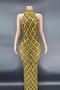slight stretch crew neck rhinestone mesh sleeveless maxi dress new add colors_Red_Green_Gold
