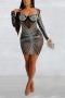 sexy plus-size stretch mesh rhinestone shoulder pads mini dress(with panties)_Black