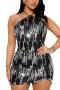 sexy plus size non-stretch halter neck sequins slim zip-up backless mini dress_Black