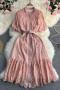 casual non-stretch lace with belt crew neck button midi dress_Black_White_Pink