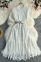 casual non-stretch lace with belt crew neck button midi dress_Black_White