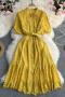 casual non-stretch lace with belt crew neck button midi dress_Black_White_Pink_Rose Red_Yellow
