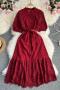 casual non-stretch lace with belt crew neck button midi dress_Black_White_Pink_Rose Red