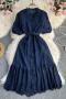 casual non-stretch lace with belt crew neck button midi dress_Black_White_Pink_Rose Red_Yellow_Sky Blue_Dark Blue