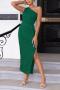 elegant non-stretch 8-colors one-shoulder solid color slit zip-up midi dress_Black_White_Pink_Red_Magenta_Green