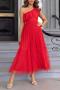 elegant non-stretch ruffled mesh one-shoulder maxi dress_Red