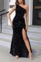 elegant non-stretch solid one shoulder hollow lace-up sequins slit maxi dress_Black