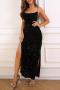 sexy non-stretch solid color sling backless sequins double slit maxi dress_Black