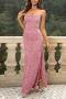 sexy non-stretch solid color sling backless sequins double slit maxi dress_Black_Gray_Pink
