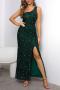 elegant non-stretch solid color one-shoulder sequins zip-up slit maxi dress_Black_Rose Red_Dark Green