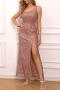 elegant non-stretch solid color one-shoulder sequins zip-up slit maxi dress_Black_Rose Red_Dark Green_Rose gold