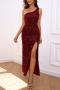 elegant non-stretch solid color one-shoulder sequins zip-up slit maxi dress_Black_Rose Red