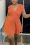 sexy plus size slight stretch solid color v-neck ruffle mini dress_Rose Red_Orange