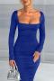 sexy slight stretch solid color square neck shirring slim midi dress_Black_White_Red_Blue