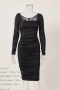 sexy slight stretch solid color square neck shirring slim midi dress_Black
