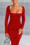 sexy slight stretch solid color square neck shirring slim midi dress_Black_White_Red