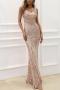 elegant non-stretch sequin rhinestones zip-up hollow maxi evening dress_Black_White_Rose gold