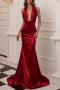 elegant non-stretch solid deep v halter neck backless maxi evening dress_Red
