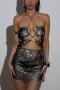 sexy slight stretch rhinestone decor halter-neck lace-up mini dress_Black