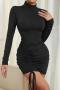 xs-l sexy slight stretch 3 colors drawstring bodycon mini dress_Black