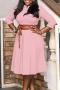 casual plus size slight stretch solid color crew neck with belt midi dress_Pink