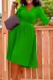 sexy plus size slight stretch solid color v-neck with belt midi dress_Pink_Yellow_Green