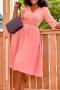 sexy plus size slight stretch solid color v-neck with belt midi dress_Pink