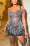 sexy plus size slight stretch sling slim rhinestone tassel mini dress_Black