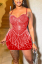 sexy plus size slight stretch sling slim rhinestone tassel mini dress_Black_Red