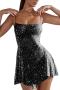 sexy slight stretch 5-colors slight stretch rhinestone sling mini dress_Black