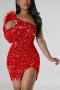 sexy plus size slight stretch sequin feather decor one shoulder slit mini dress_Black_Red