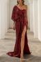 elegant non-stretch sequins one-shoulder high-slit maxi evening dress_White_Rose Red