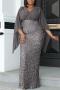 elegant plus size non-stretch sequins patchwork zip-up slit maxi evening dress_Black_Gray