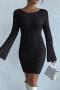 sexy slight stretch knitted 3 colors bell-sleeve backless bodycon mini dress_Black